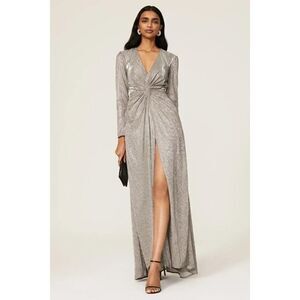 Ieena for Mac Duggal Silver Sequin Side Slit Ruched V-neck Gown Size 4